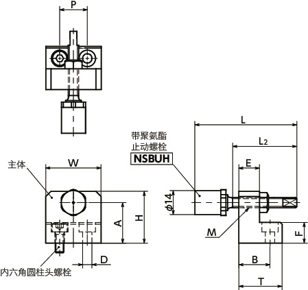 NLSDNS-U直线导轨用止动块 - 底座固定 - 不锈钢制 - 附有带聚氨酯止动螺栓寸法図
