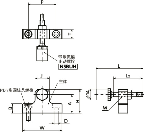 NLSCN-U直线导轨用止动块 - 底座固定 - 钢制 - 附有带聚氨酯止动螺栓寸法図