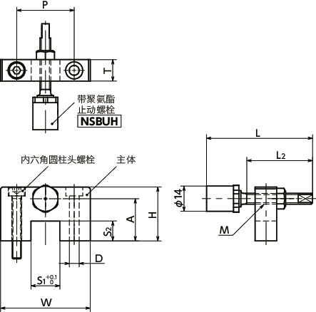 NLSEN-U直线导轨用止动块 - 底座固定 - 钢制 - 附有带聚氨酯止动螺栓寸法図